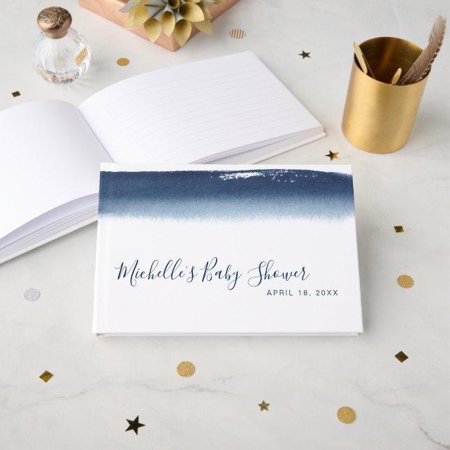 Elegant Navy Blue Watercolor Boy Baby Shower Guest Book (Front Open)
