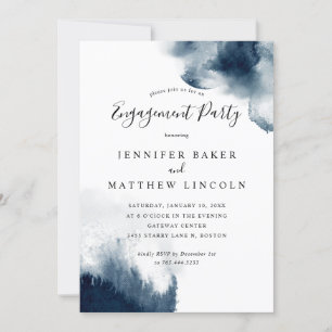 Elegant Navy Blue Watercolor Engagement Party Invitation