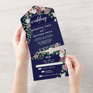 Elegant Navy Blue Watercolor Floral Wedding All In One Invitation