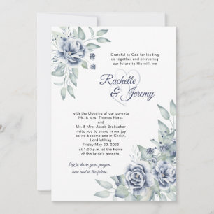 Elegant Navy Blue Watercolor Floral Wedding Invitation
