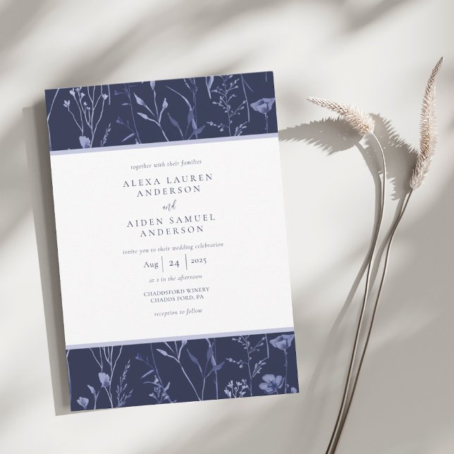 Elegant Navy Blue Watercolor Floral Wedding Invitation (Creator Uploaded)