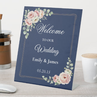 Elegant Navy Blue Watercolor Floral Wedding Pedestal Sign