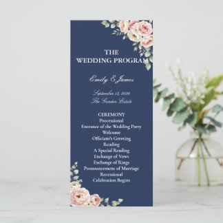Elegant Navy Blue Watercolor Floral Wedding Programme