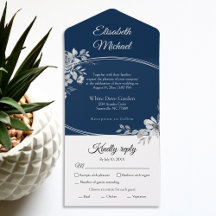 Elegant Navy Blue Watercolor Floral Wedding RSVP