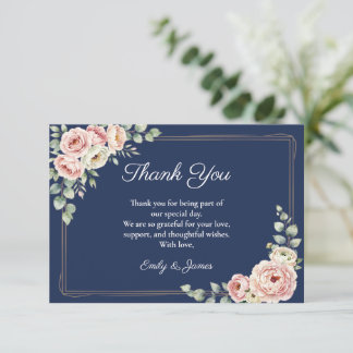 Elegant Navy Blue Watercolor Floral Wedding Thank You Card