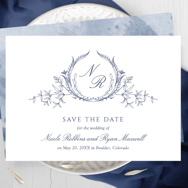 Elegant Navy Blue Watercolor Monogram Calligraphy Save The Date (Creator Uploaded)