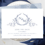 Elegant Navy Blue Watercolor Monogram Save The Date<br><div class="desc">Announce your wedding date with this striking wedding save the date card featuring exquisite hand drawn botanical monogram elegantly framing couples initials in green hues. Simple, elegant, timeless and clean style. Back with beautiful watercolor wash background in navy and blue hues and extra text sections for any more extra details...</div>