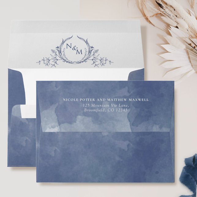 Elegant Navy Blue Watercolor Monogram Wedding Enve Envelope (Creator Uploaded)