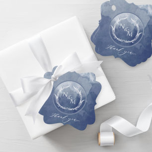 Elegant Navy Blue Watercolor Monogram Wedding Favour Tags
