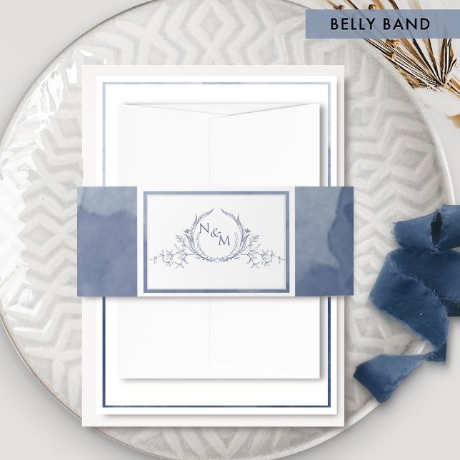 Elegant Navy Blue Watercolor, Monogram Wedding Invitation Belly Band (Creator Uploaded)
