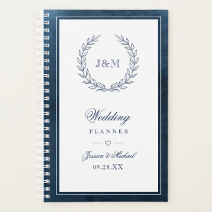 Elegant Navy Blue Watercolor Monogram Wedding Planner