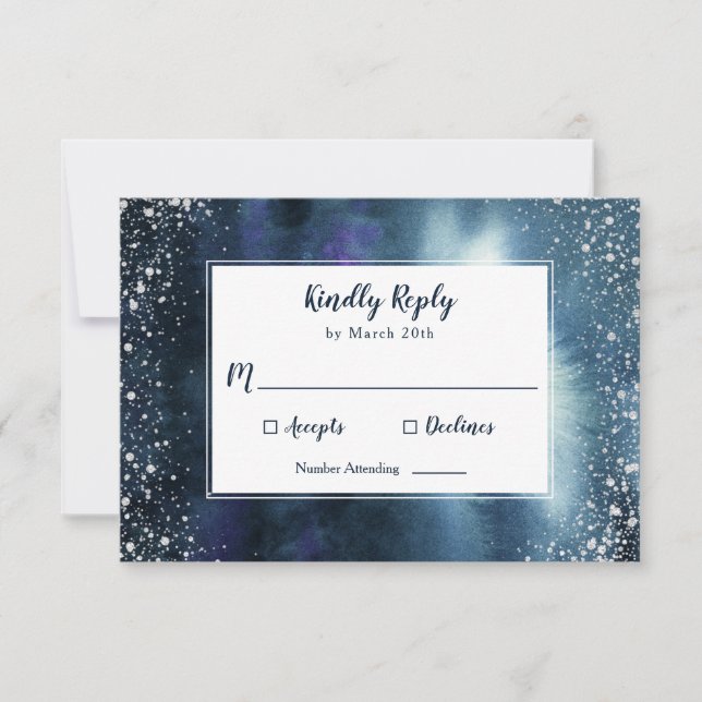 Elegant Navy Blue Watercolor Silver Glitter RSVP Card (Front)