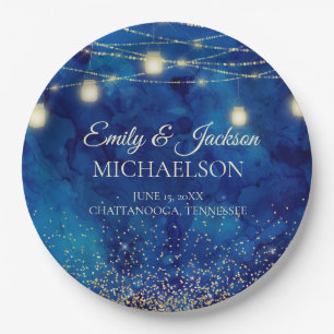 Elegant Navy Blue Watercolor String Lights Wedding Paper Plate