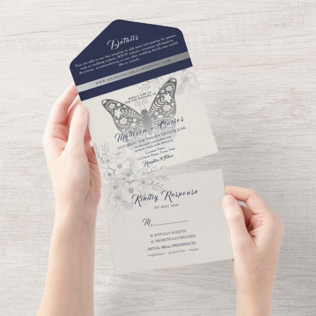 Elegant Navy Blue Wedding All In One Invitation (Tearaway)