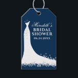 Elegant Navy Blue Wedding Gown Bridal Shower Gift Tags<br><div class="desc">Cardstock bridal shower favour tags feature a wedding gown,  white and navy blue colour scheme,  and custom text that can be personalised with the bride's name and event date. A chic butterfly pattern dresses up the back side of the card.</div>