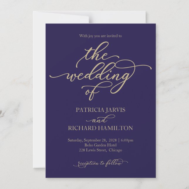 Elegant Navy Blue Wedding Magnetic Invitation (Front)