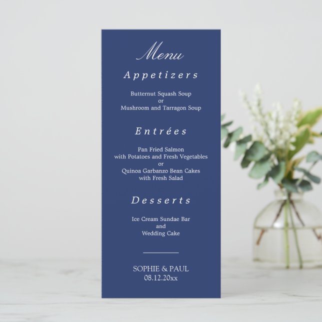 Elegant Navy Blue Wedding Menu (Standing Front)