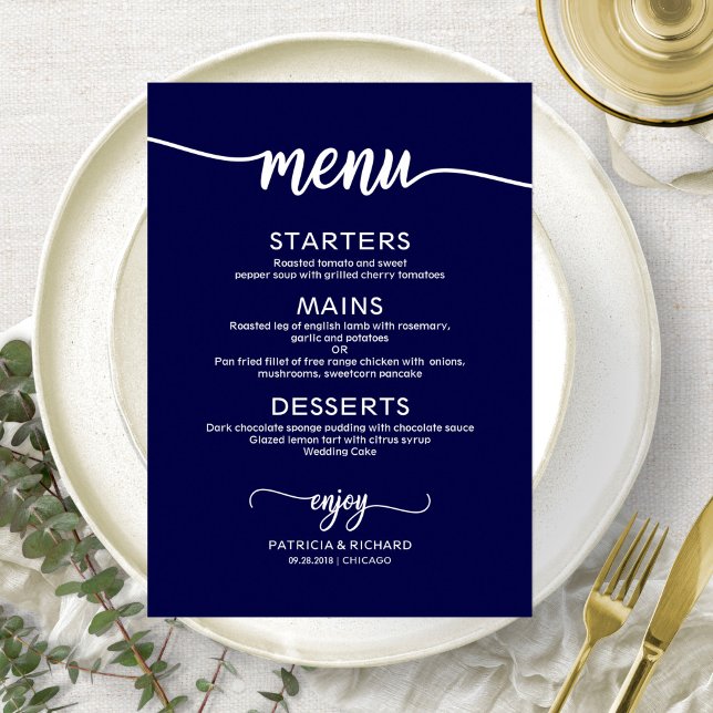 Elegant Navy Blue Wedding Menu Card (Creator Uploaded)
