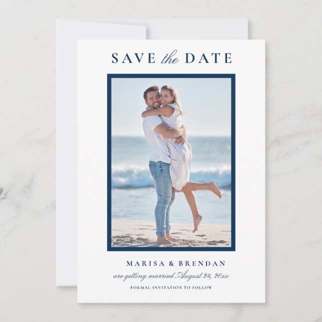 Elegant Navy Blue Wedding Photo Save The Date (Front)