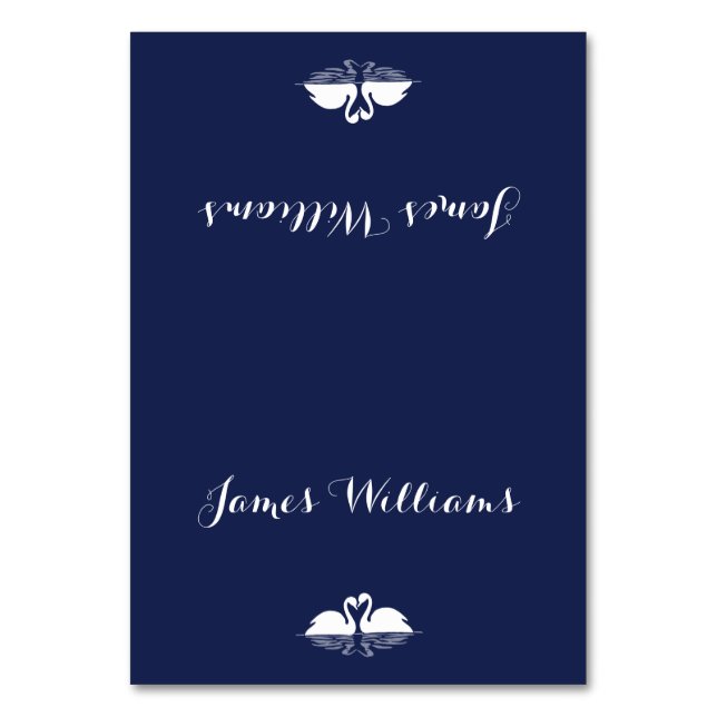 Elegant Navy Blue Wedding Place Cards With Swans (Front)