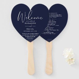 Elegant Navy Blue Wedding Program Heart Hand Fan