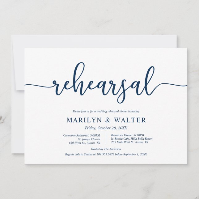 Elegant Navy Blue, Wedding Rehearsal and Dinner Invitation (Front)