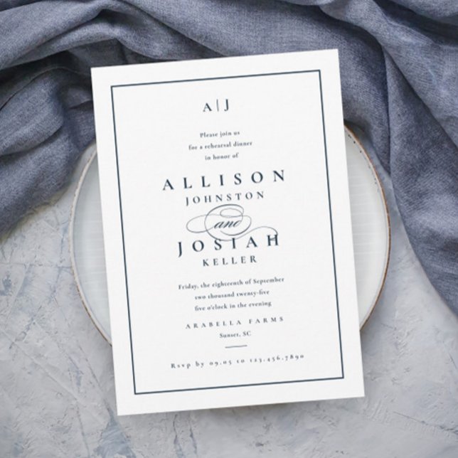 Elegant Navy Blue Wedding Rehearsal Dinner Invitation (Elegant Typography Navy Blue Wedding Rehearsal Dinner Invitations.)