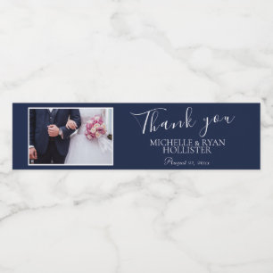 Elegant Navy Blue Wedding Thank you Photo Water Bottle Label