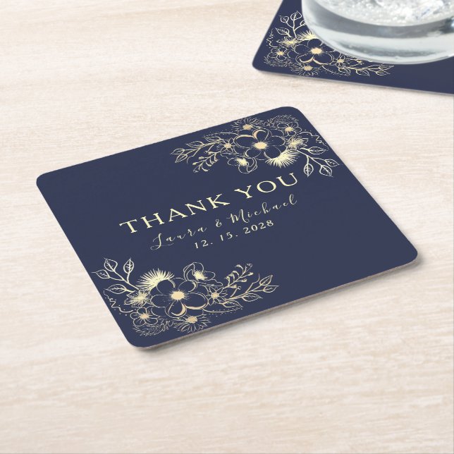 Elegant Navy Blue Wedding Thank You  Square Paper Coaster (Angled)