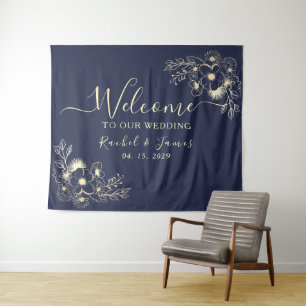 Elegant Navy Blue Wedding Welcome Backdrop Tapestry