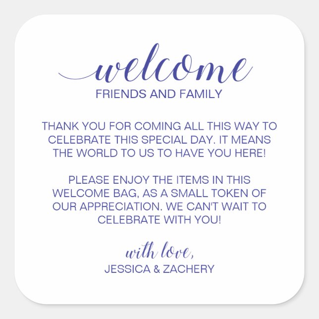 Elegant Navy Blue Wedding Welcome Gift Bag Basket Square Sticker (Front)