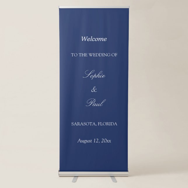 Elegant Navy Blue Wedding Welcome Retractable Banner (Front)