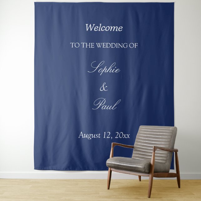 Elegant Navy Blue Wedding Welcome Tapestry (In Situ)