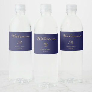 Elegant Navy Blue Welcome Script Monogram  Water Bottle Label
