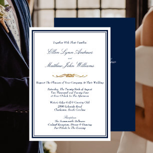 Elegant Navy Blue, White and Gold Wedding Invitation