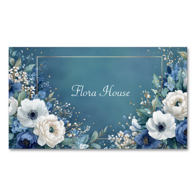 Elegant Navy Blue White Anemone Teal Gold Magnetic Business Card (Front)