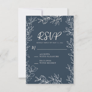Elegant Navy Blue White Botanical Line Art Wedding RSVP Card