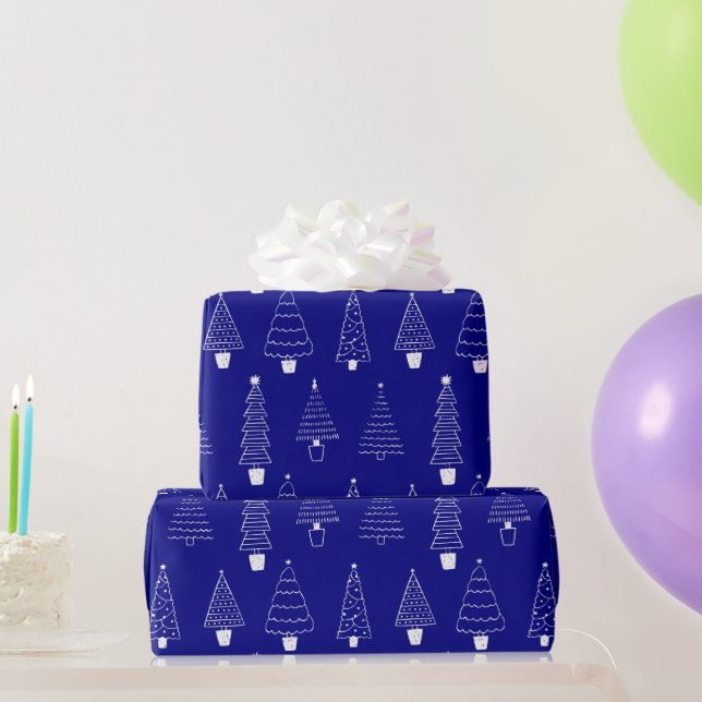 Elegant Navy Blue White Christmas Pine Tree Wrapping Paper (Party Gifts)