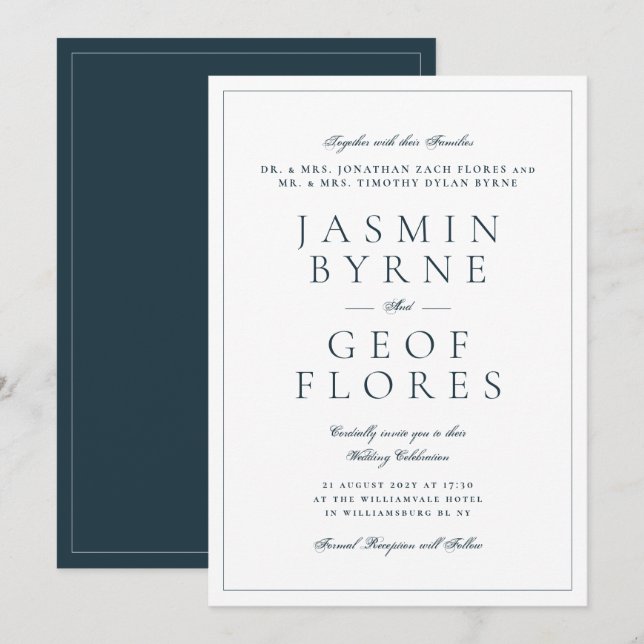 Elegant Navy Blue & White Classic Wedding Invitation (Front/Back)