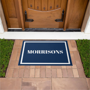 Elegant navy blue white custom name border  doormat