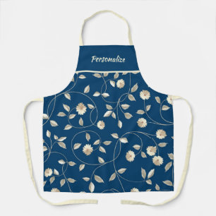 Elegant Navy Blue White Daisies Flower Petals Apron