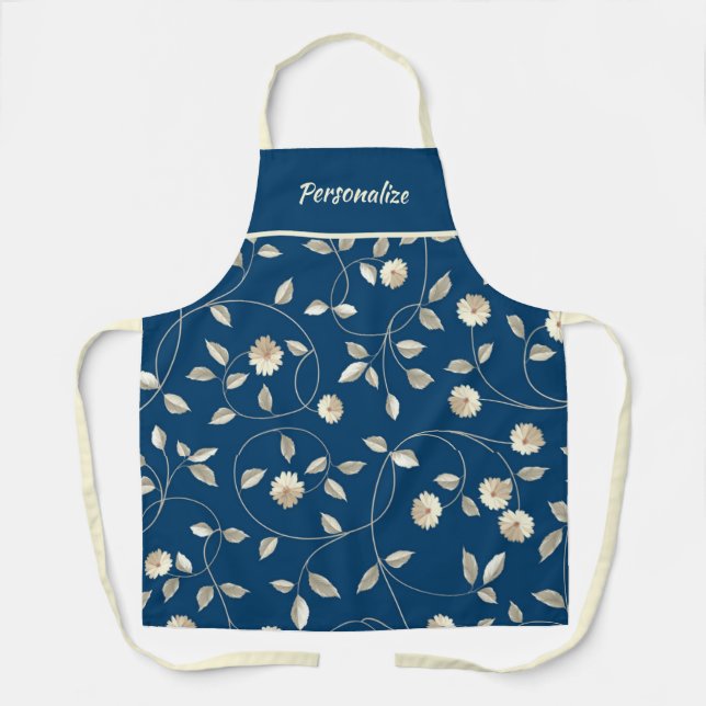 Elegant Navy Blue White Daisies Flower Petals Apron (Front)