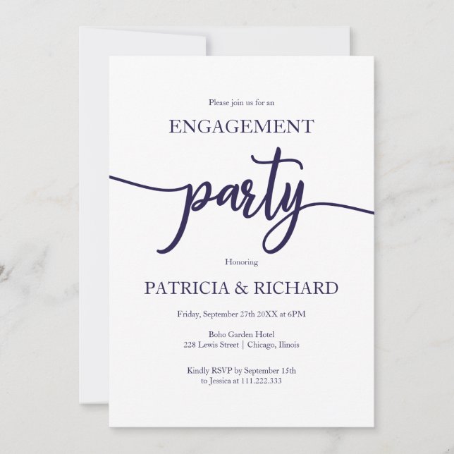 Elegant Navy Blue White Engagement Party Invitation (Front)