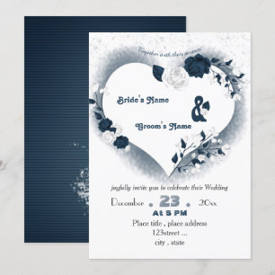 elegant navy blue & white floral heart wedding invitation