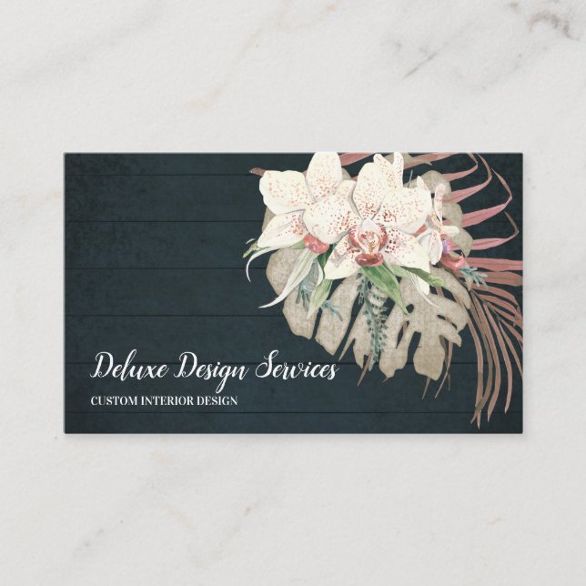 Elegant Navy Blue White Floral Orchid Greenery Business Card (Front)
