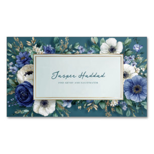 Elegant Navy Blue White Floral Teal Gold Frame Magnetic Business Card