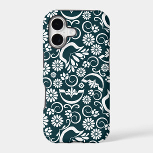 Elegant Navy Blue White Floral Vintage Scrollwork