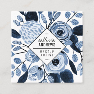 Elegant Navy Blue White Floral Watercolor Makeup Square Business Card