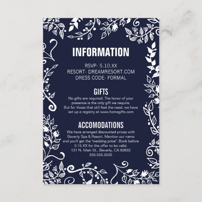 Elegant Navy Blue White Floral Wedding Information Enclosure Card (Front)