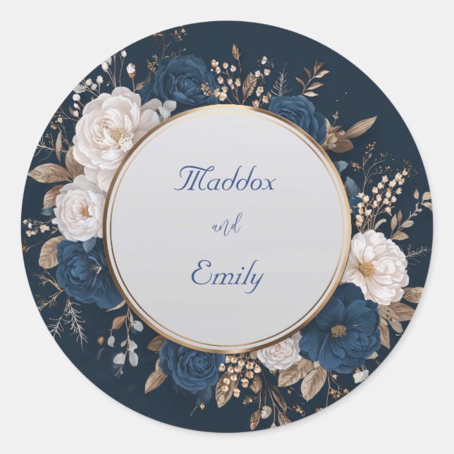 Elegant Navy Blue & White Floral Wedding Sticker (Front)